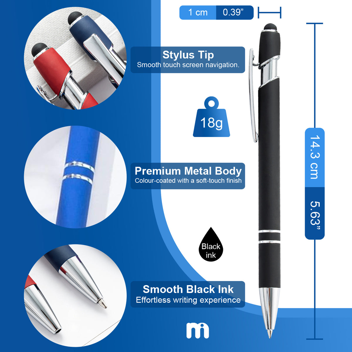 A promotional infographic for a pen, showing a black pen with silver details on the right, dimension labels (14.3 cm / 5.